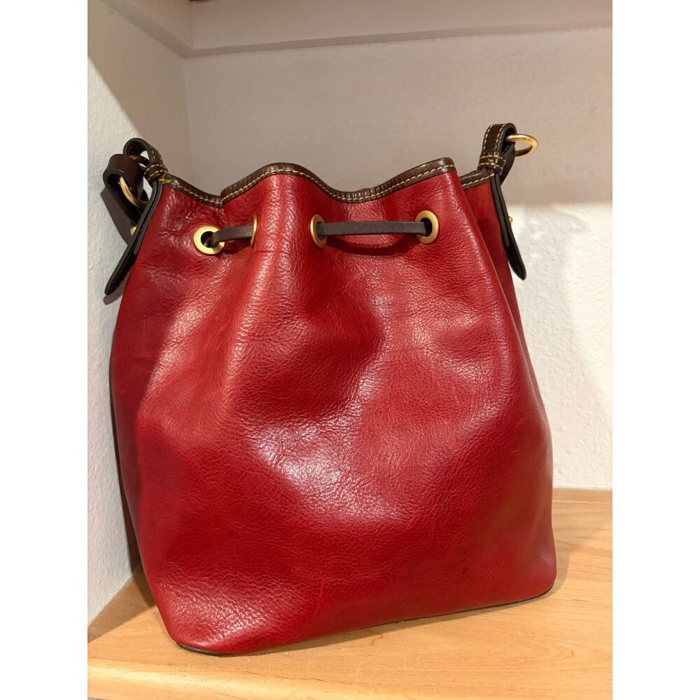Dooney & Bourke Red Leather Drawstring Bucket Bag EUC - Picture 2 of 9